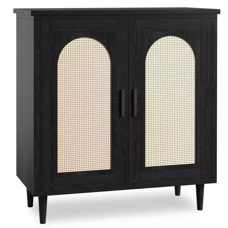 30.51 Credenza Buffet con Rattan, Piedini in Legno Massello, Mobile Contenitore per Cucina e Salotto con Ampio Spazio
