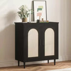 30.51 Credenza Buffet con Rattan, Piedini in Legno Massello, Mobile Contenitore per Cucina e Salotto con Ampio Spazio