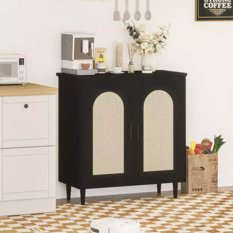30.51 Credenza Buffet con Rattan, Piedini in Legno Massello, Mobile Contenitore per Cucina e Salotto con Ampio Spazio