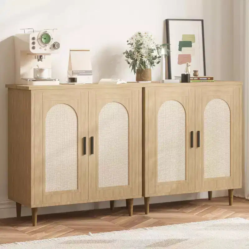 30.51 Credenza Buffet con Rattan, Piedini in Legno Massello, Mobile Contenitore per Cucina e Salotto con Ampio Spazio