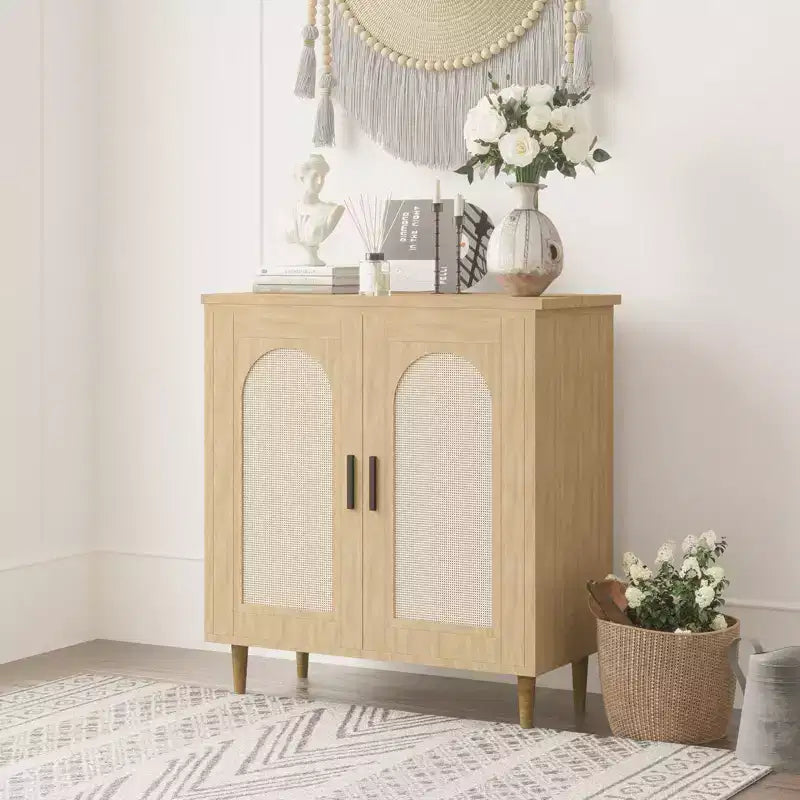 30.51 Credenza Buffet con Rattan, Piedini in Legno Massello, Mobile Contenitore per Cucina e Salotto con Ampio Spazio