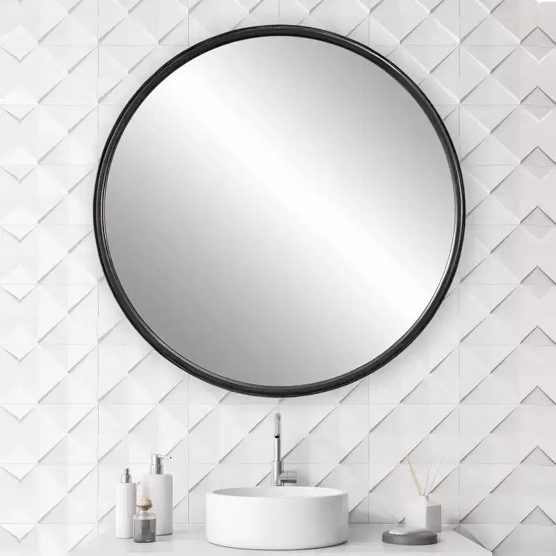 Specchio rotondo da parete decorativo da toeletta, moderno con cornice in ferro grigio nero anticato, largo 44 cm, per bagno, camera da letto, soggiorno
