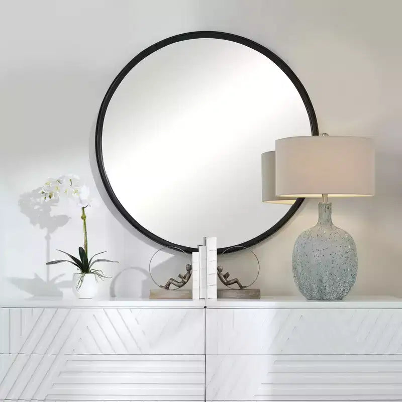 Specchio rotondo da parete decorativo da toeletta, moderno con cornice in ferro grigio nero anticato, largo 44 cm, per bagno, camera da letto, soggiorno