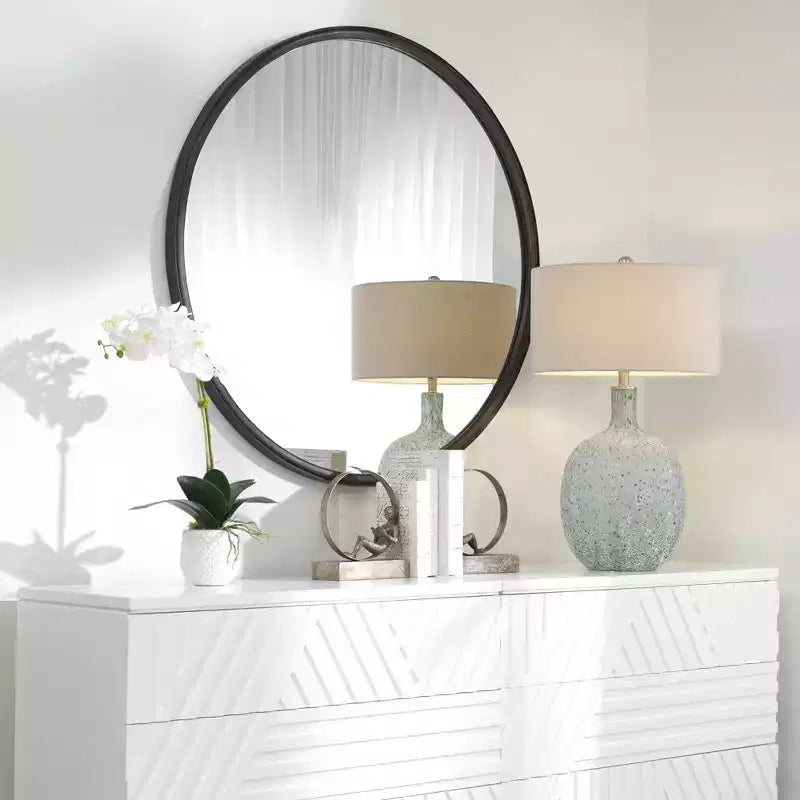 Specchio rotondo da parete decorativo da toeletta, moderno con cornice in ferro grigio nero anticato, largo 44 cm, per bagno, camera da letto, soggiorno