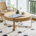 JVNOXK Modern Handcraft Drum Coffee Table 31.5 inch Round Coffee Table for Living Room,with Sturdy Pedestal,Natural