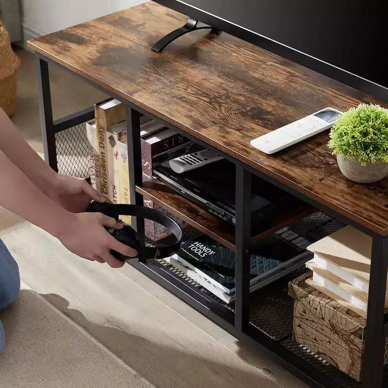 Tavolino Rettangolare da Caffè da 100 cm con Ripiano Contenitore, Tavolo TV Multimediale Stile Industriale