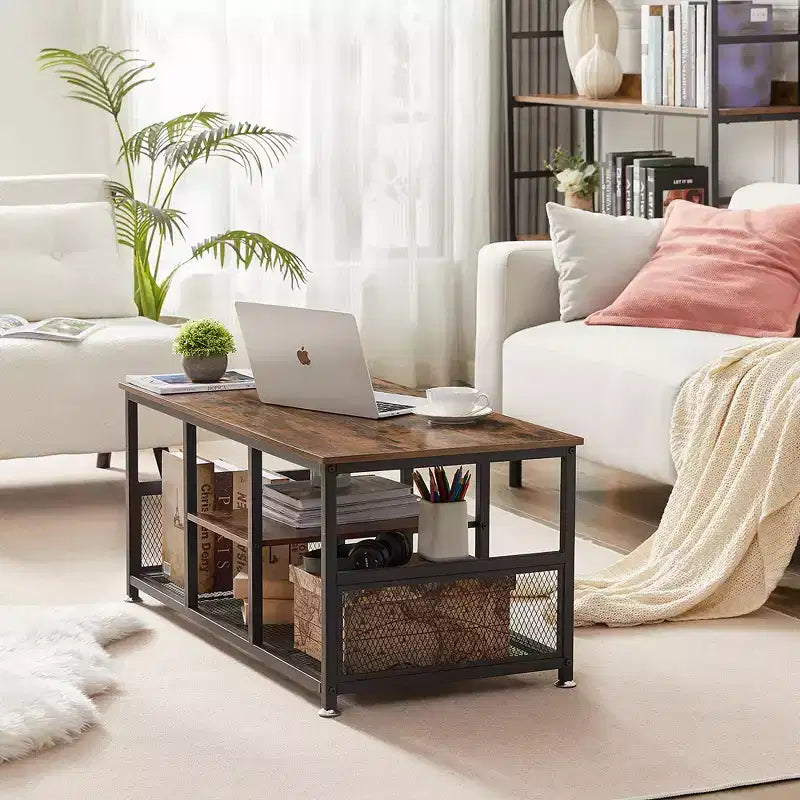 Tavolino Rettangolare da Caffè da 100 cm con Ripiano Contenitore, Tavolo TV Multimediale Stile Industriale
