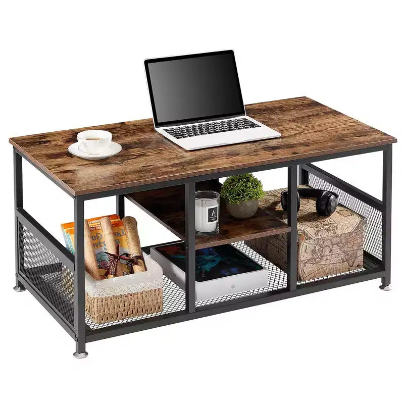 Tavolino Rettangolare da Caffè da 100 cm con Ripiano Contenitore, Tavolo TV Multimediale Stile Industriale